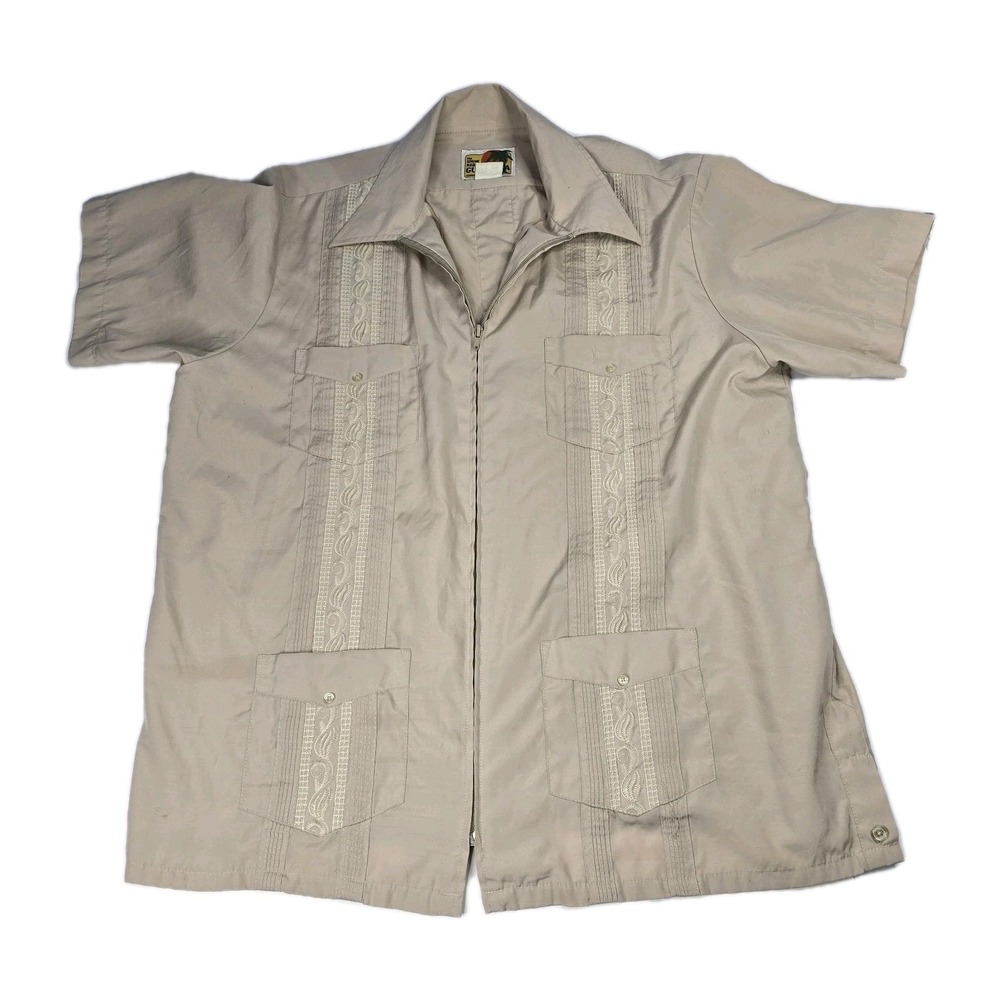 Mens‎ XL Guayabera Shirt Jacket Full Zip Embroidered Short Sleeve Cuban Beach